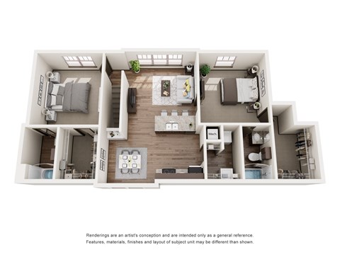 A floor plan of a house with a living room, kitchen, and two bedrooms.